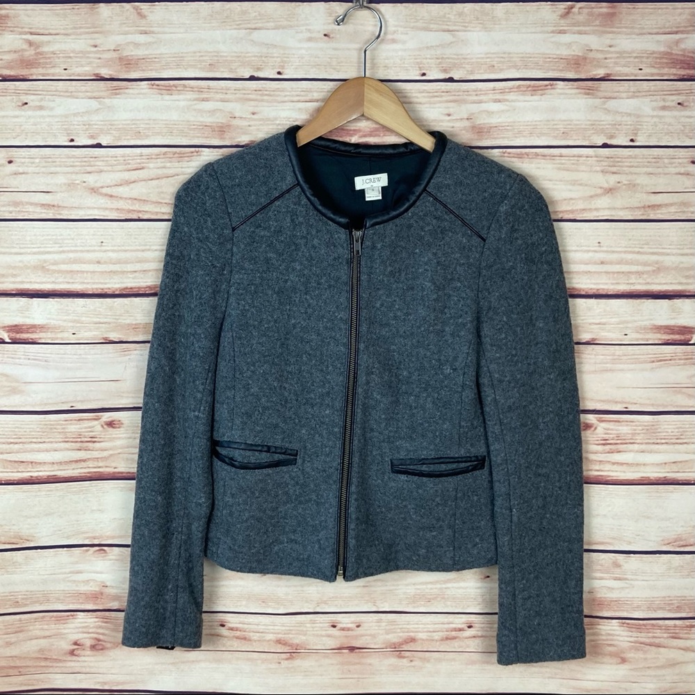 J. Crew Wool Blend Jacket Long Sleeve Faux Leather Zip Front Gray Black Small